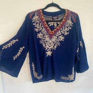 Johnny Was Navy Blouse w/ Floral Detail